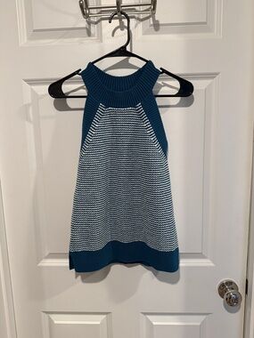 LOFT Teal and White Striped Ribbed Halter Knit Top